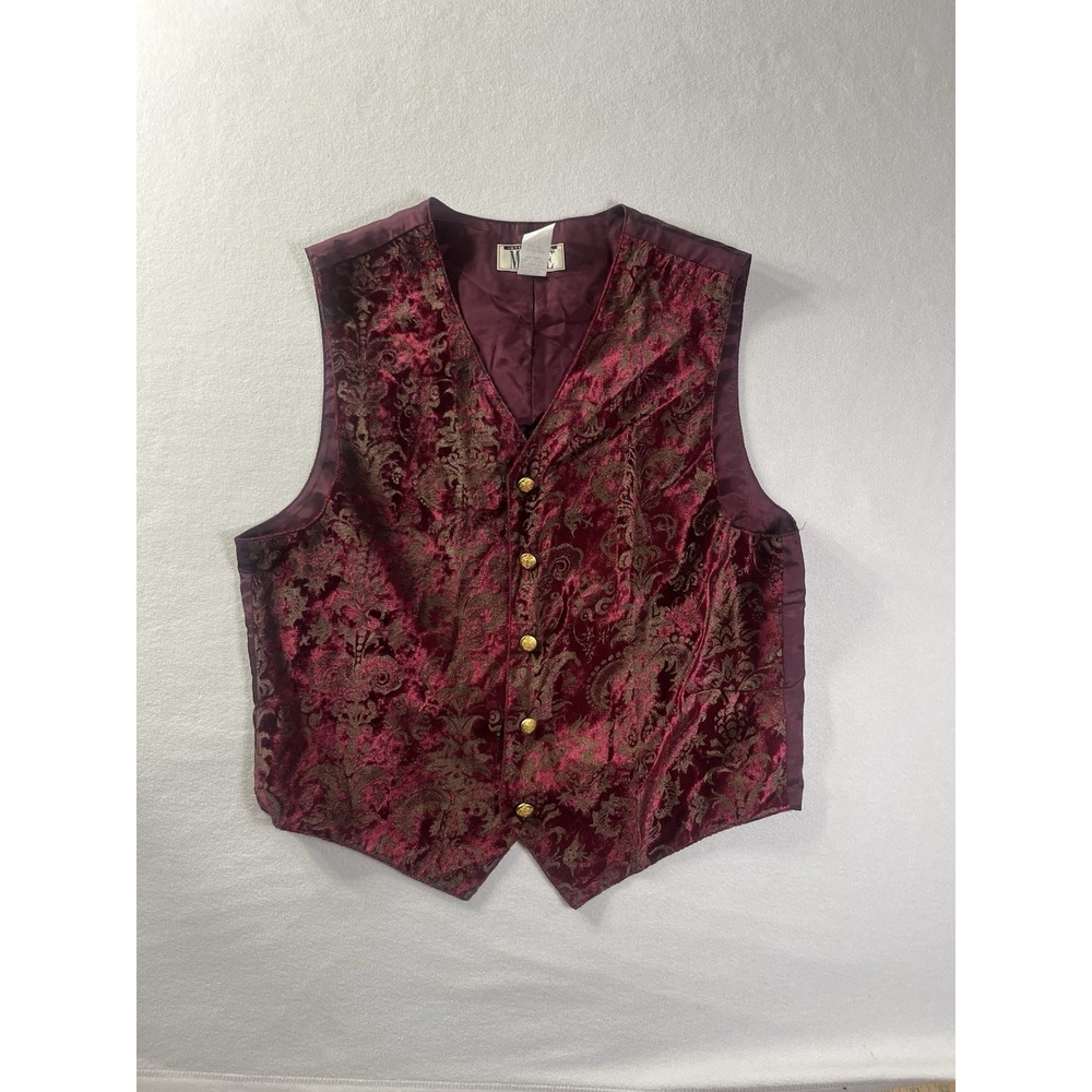 Vtg 80s International Male Brocade Vest USA Burgundy Paisley Steampunk Gothic L